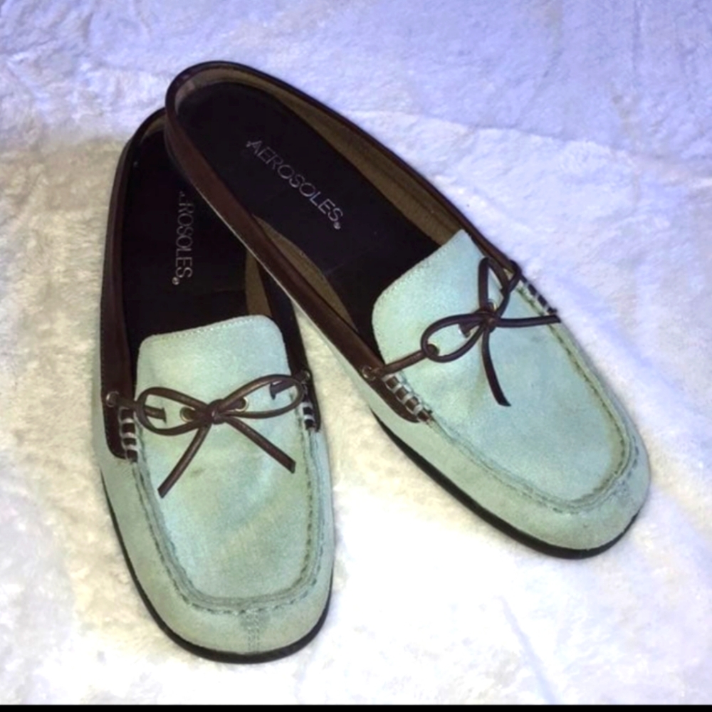 Aerosoles in light blue suede slip-on mule loafers